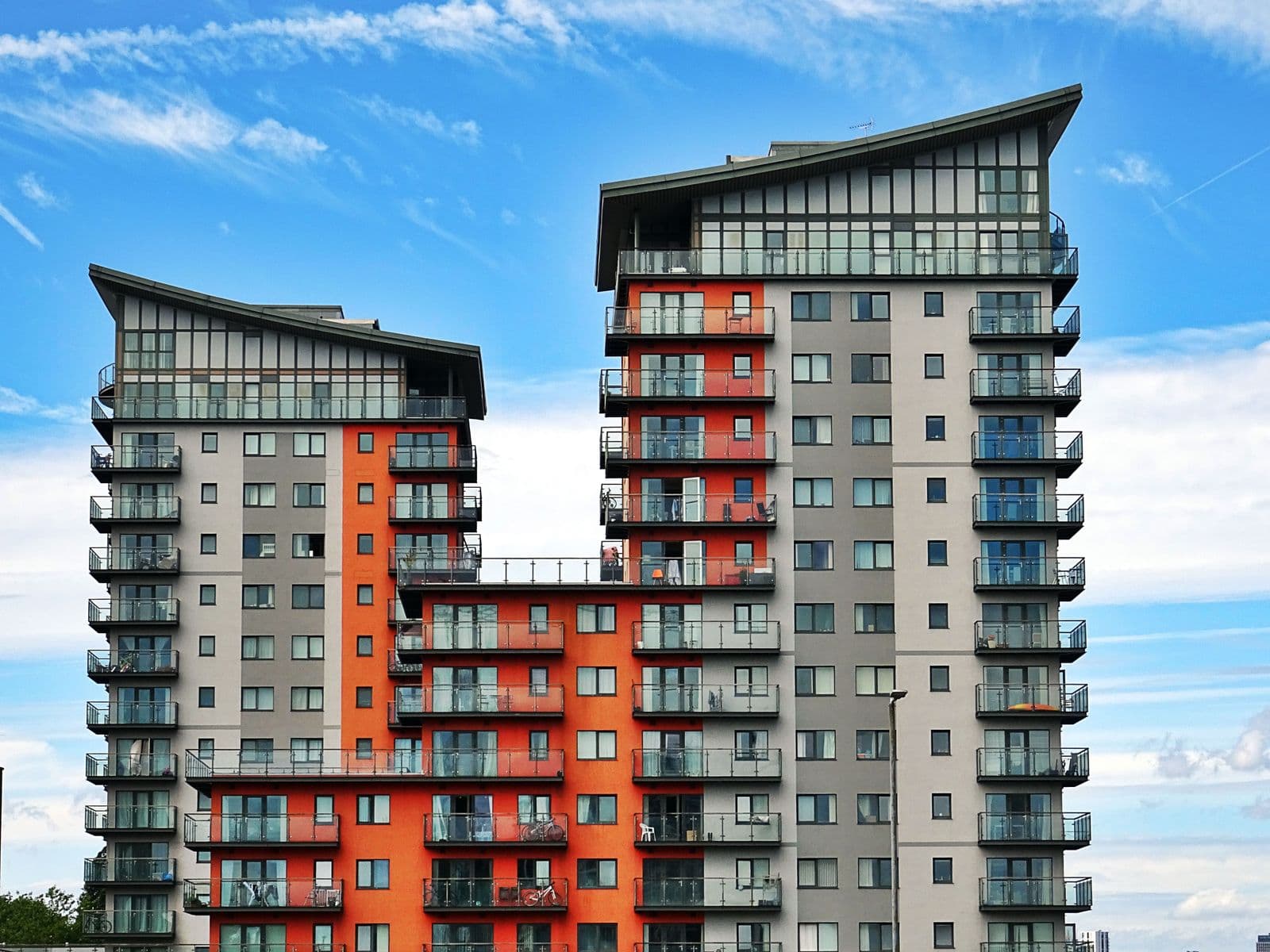 A block of rental apartment buildings with balconies